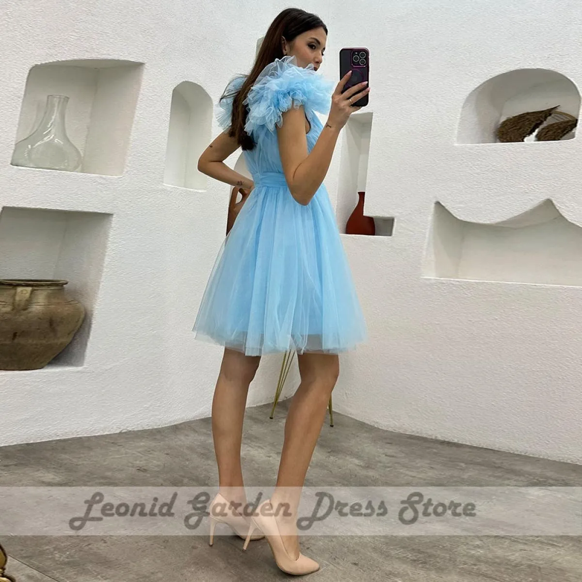 Abiti da festa Aline in tulle blu cielo per le donne sopra il ginocchio scollo a V profondo abiti da cerimonia formale cerniera