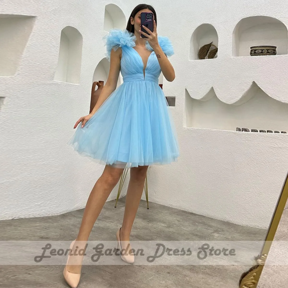 Abiti da festa Aline in tulle blu cielo per le donne sopra il ginocchio scollo a V profondo abiti da cerimonia formale cerniera