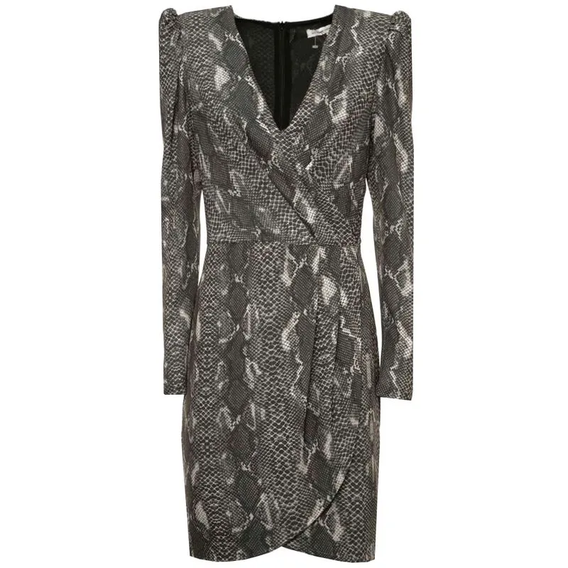 Abito animalier pitonato grigio scollato a V 