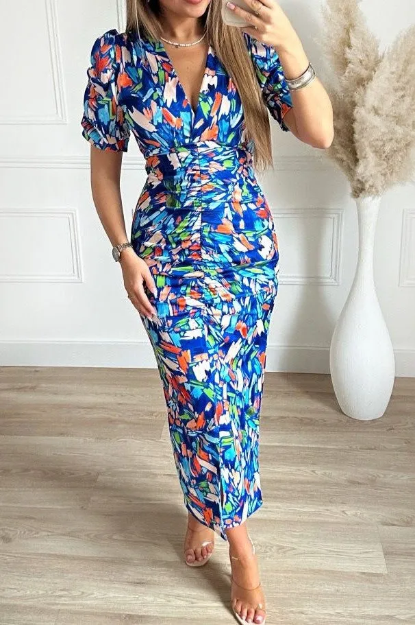 Abito Donna Longuette Multicolore Spacco Scollo V Mezza Manica Sbuffo Aderente Casual