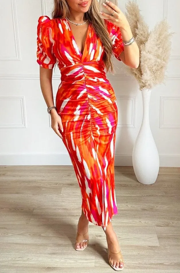Abito Donna Longuette Multicolore Spacco Scollo V Mezza Manica Sbuffo Aderente Casual