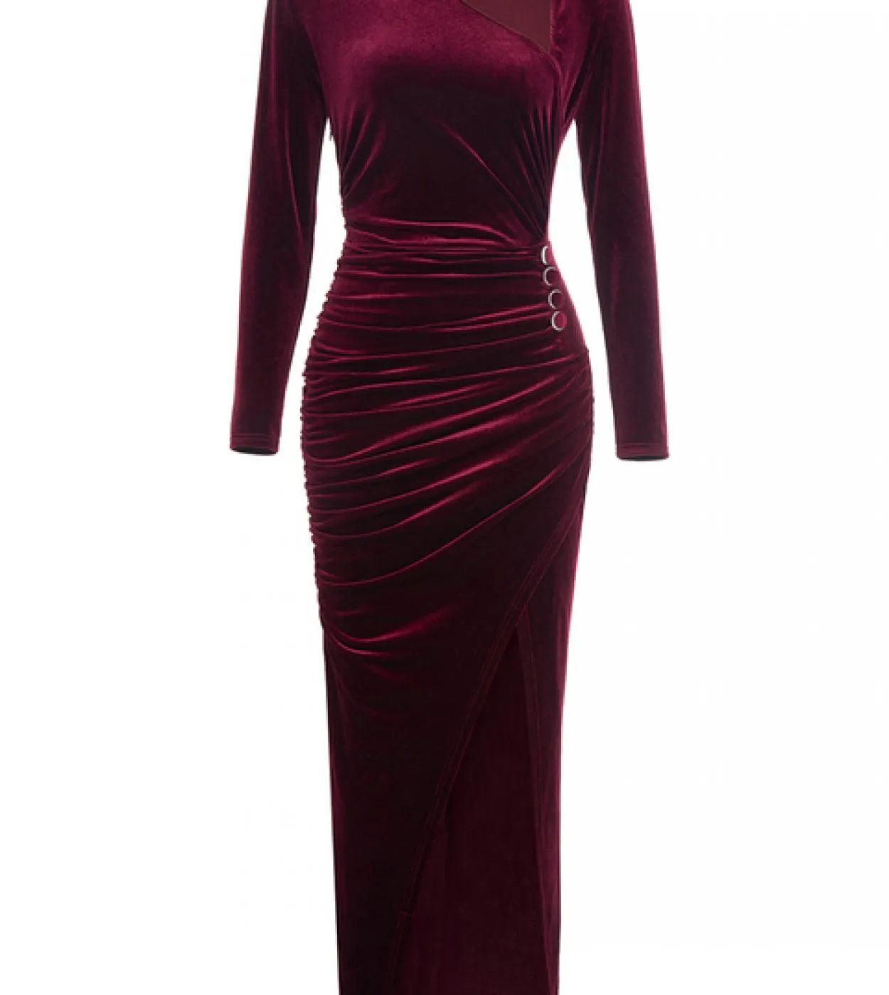 Abito lungo con pieghe in velluto a maniche lunghe con scollo diagonale Elegante abito aderente con spacco sottile con bottoni r