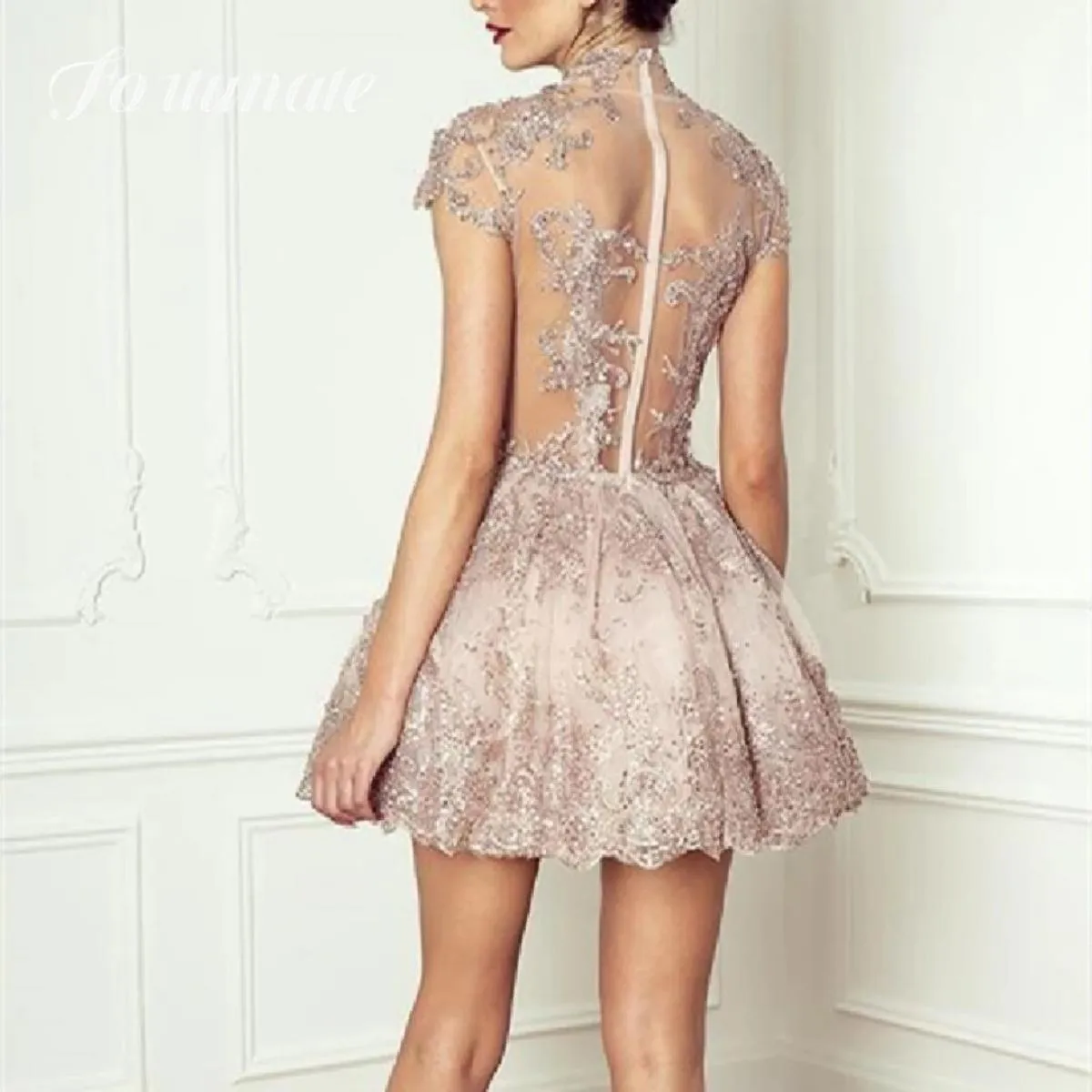 Abito Luxary corto rosa Quinceanera Aline sopra il ginocchio con perline senza maniche, cocktail party, abiti da festa da sera p