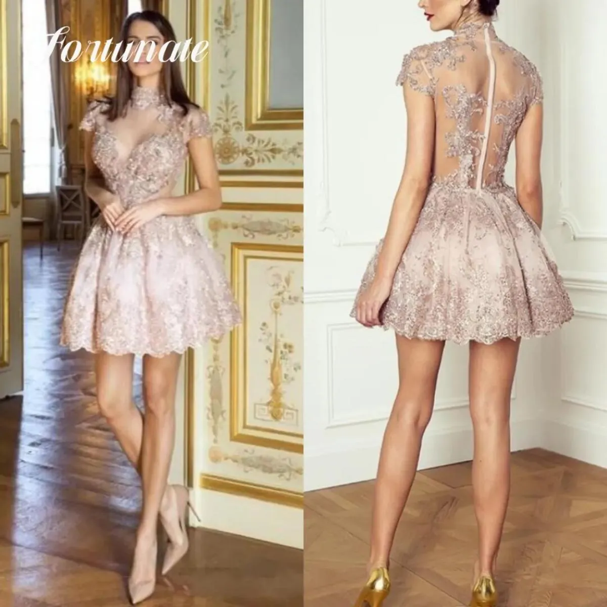 Abito Luxary corto rosa Quinceanera Aline sopra il ginocchio con perline senza maniche, cocktail party, abiti da festa da sera p