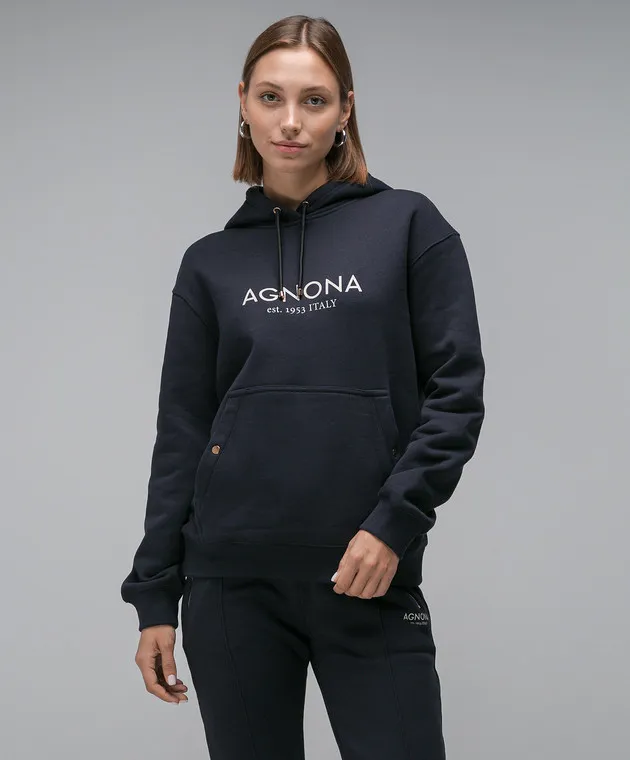 Agnona Felpa blu con stampa logo TN0601YY2047