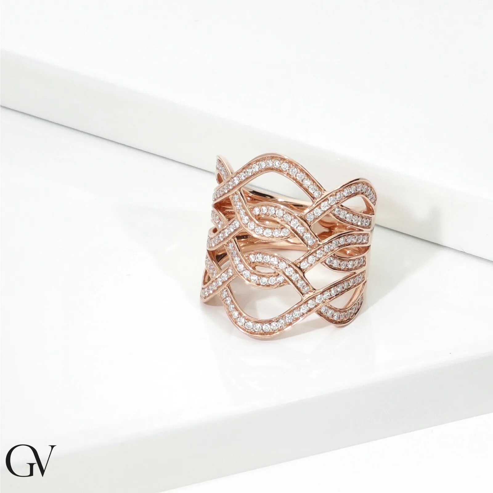 Anello a fascia in oro rosa 750 con diamanti
