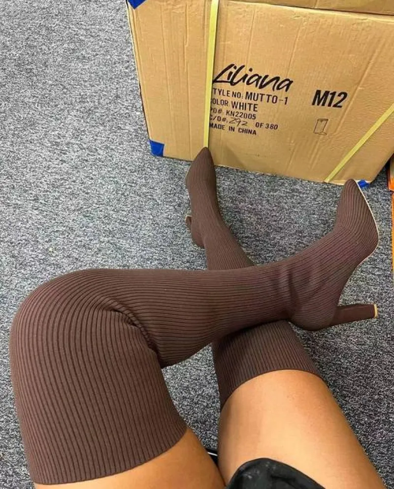 Autunno Inverno Nuovi Tacchi Alti Stivali Calzino Grosso Tessuto Elasticizzato Moda Femme Botas Lavoro A Maglia Sopra Il Ginocch
