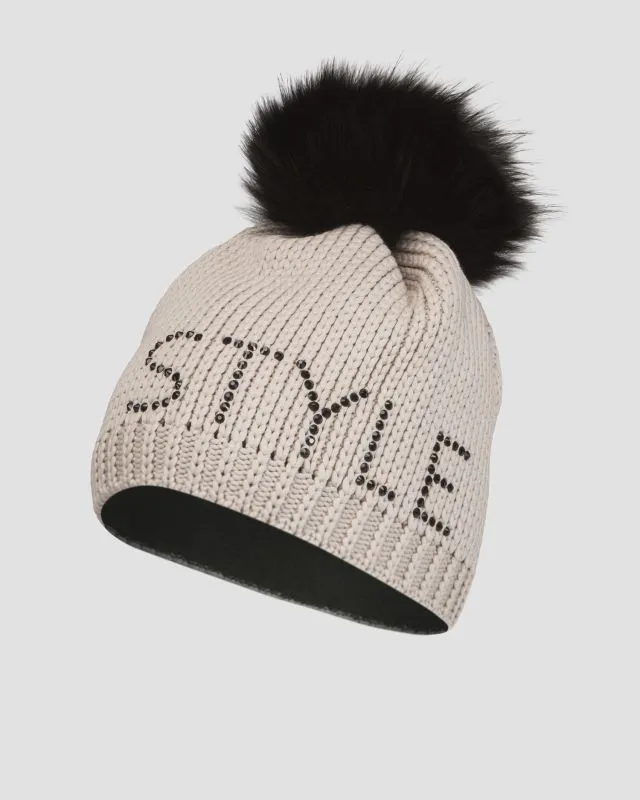 Berretto invernale beige da donna Sportalm con pompon in pelliccia