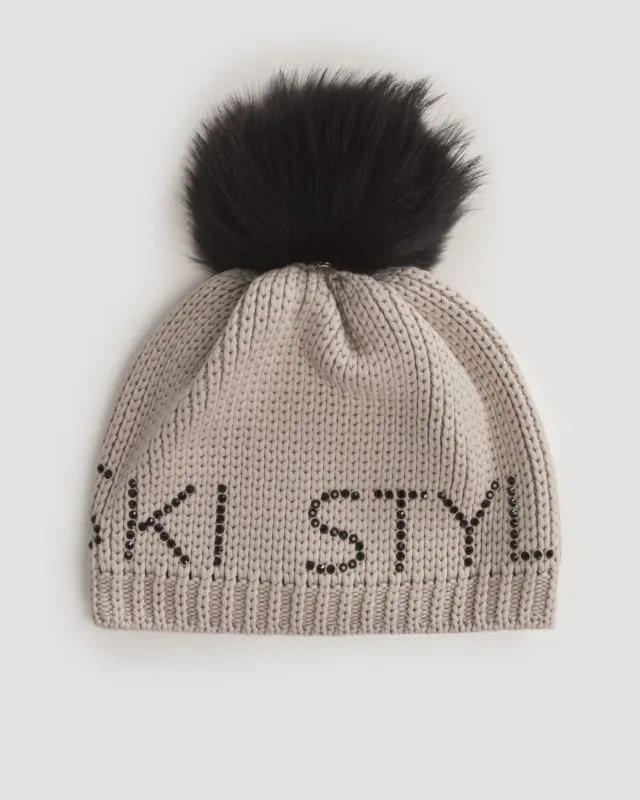 Berretto invernale beige da donna Sportalm con pompon in pelliccia