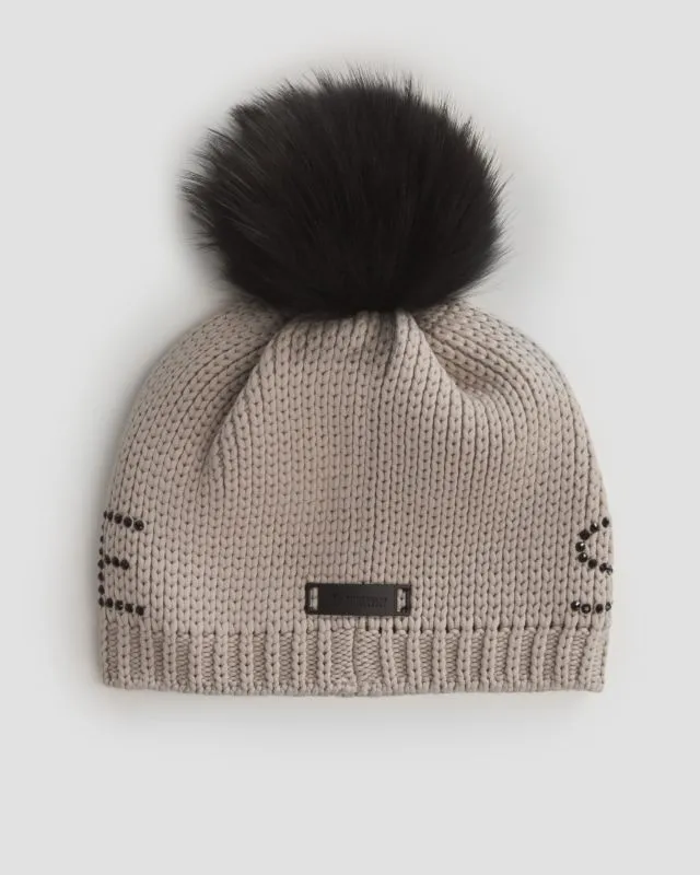 Berretto invernale beige da donna Sportalm con pompon in pelliccia