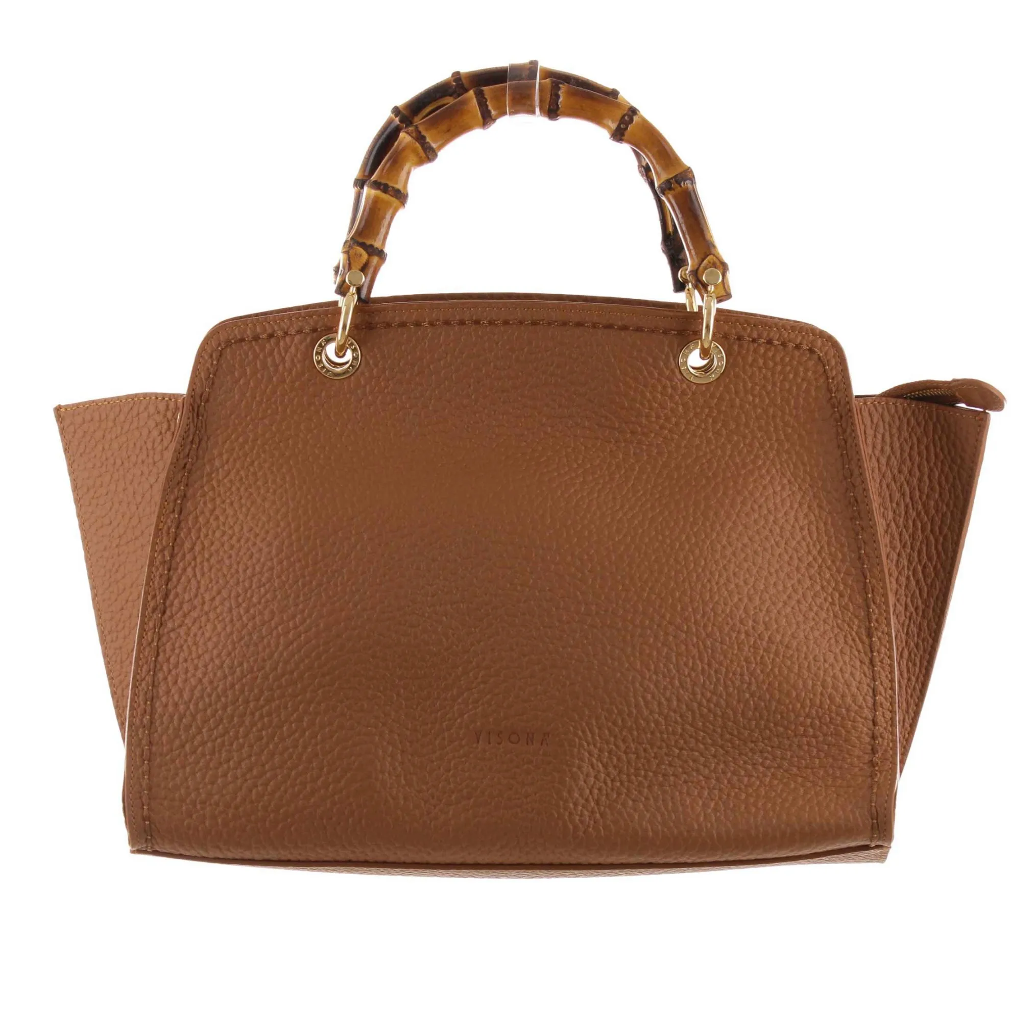 Borsa a mano in pelle con manici in bambù