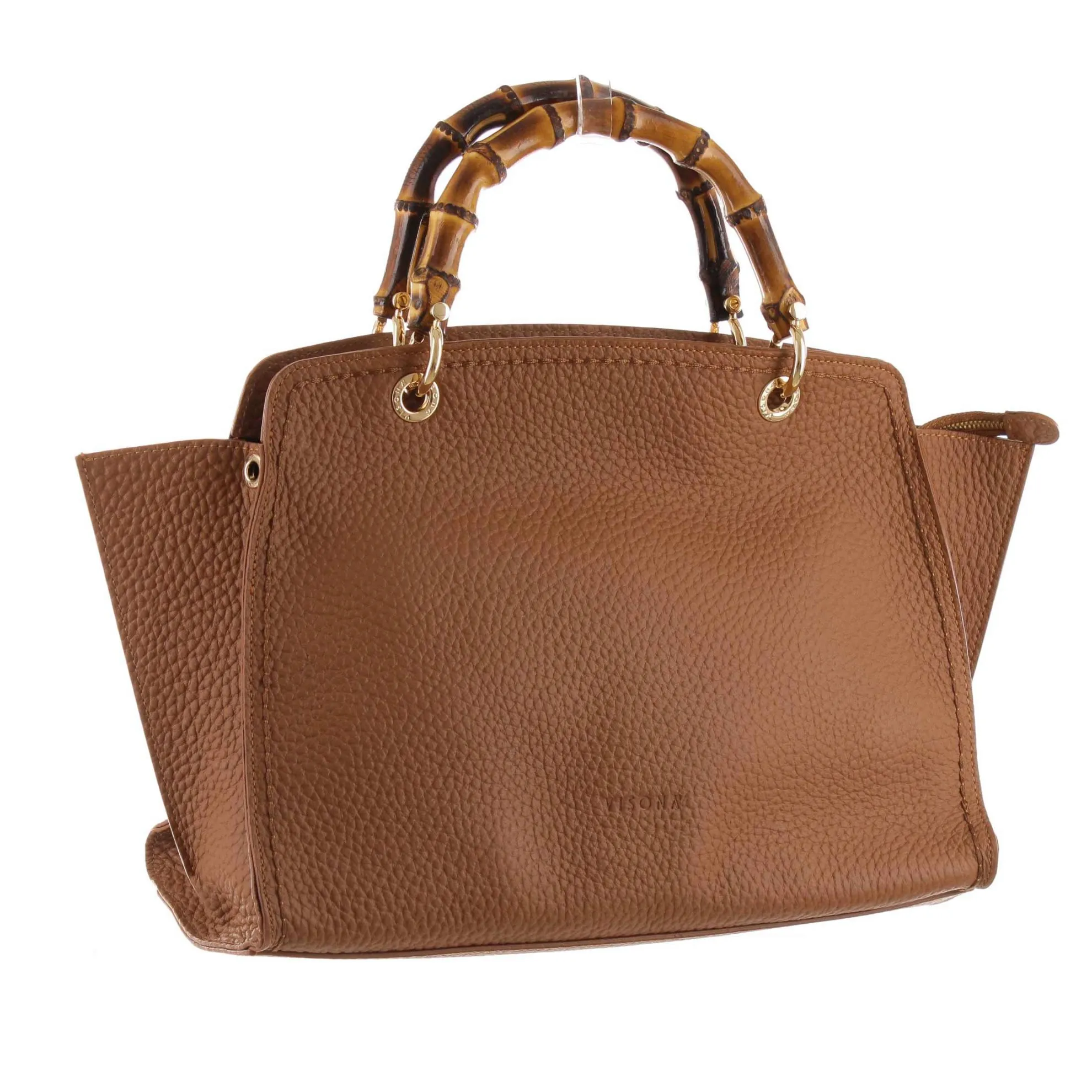 Borsa a mano in pelle con manici in bambù