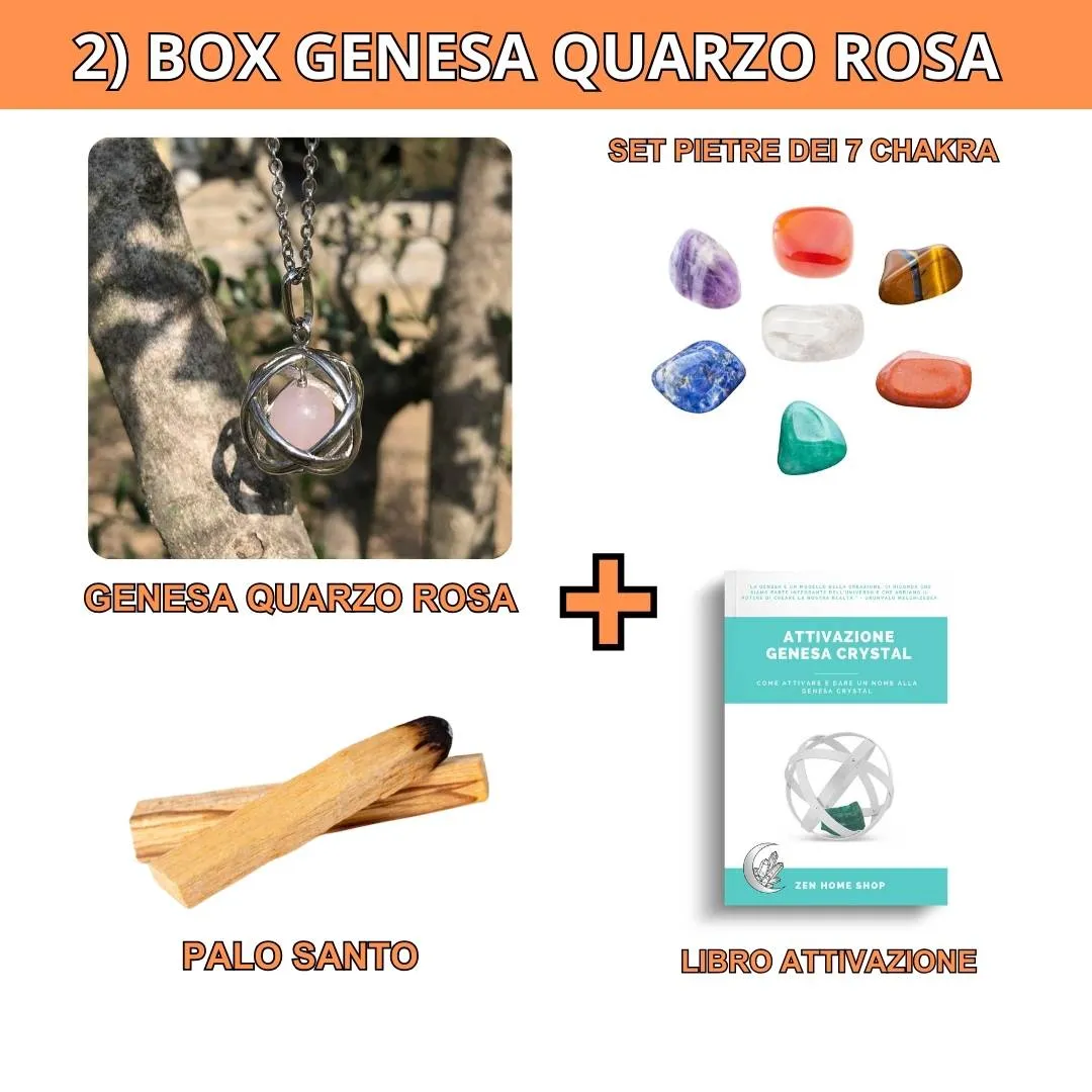 Box risparmio collana con ciondolo genesa Quarzo Rosa e pietre dei 7 chakra