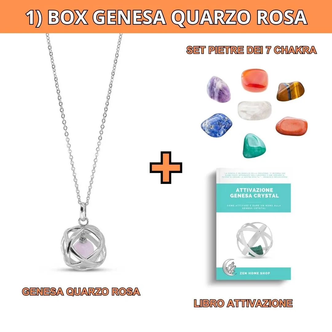 Box risparmio collana con ciondolo genesa Quarzo Rosa e pietre dei 7 chakra
