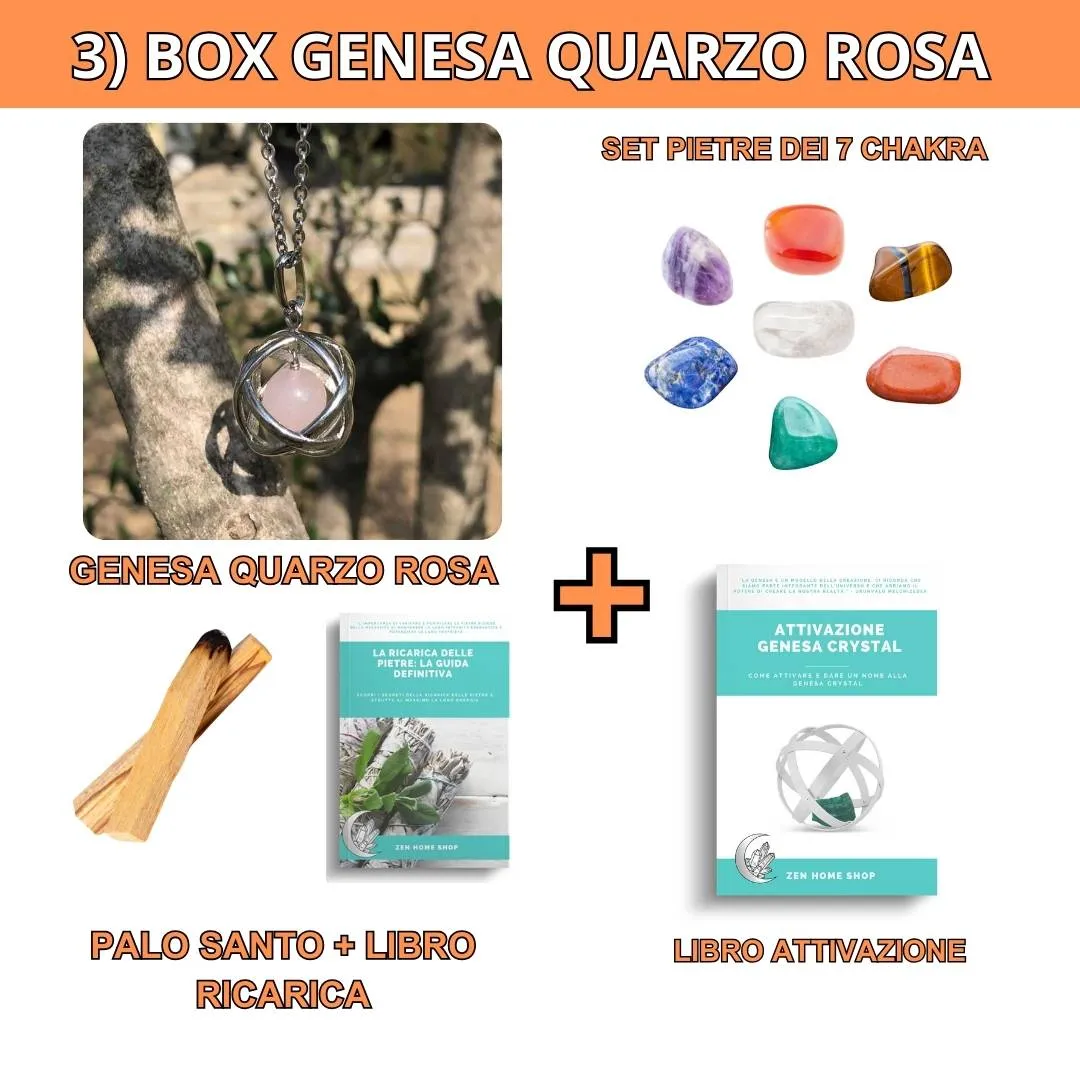 Box risparmio collana con ciondolo genesa Quarzo Rosa e pietre dei 7 chakra