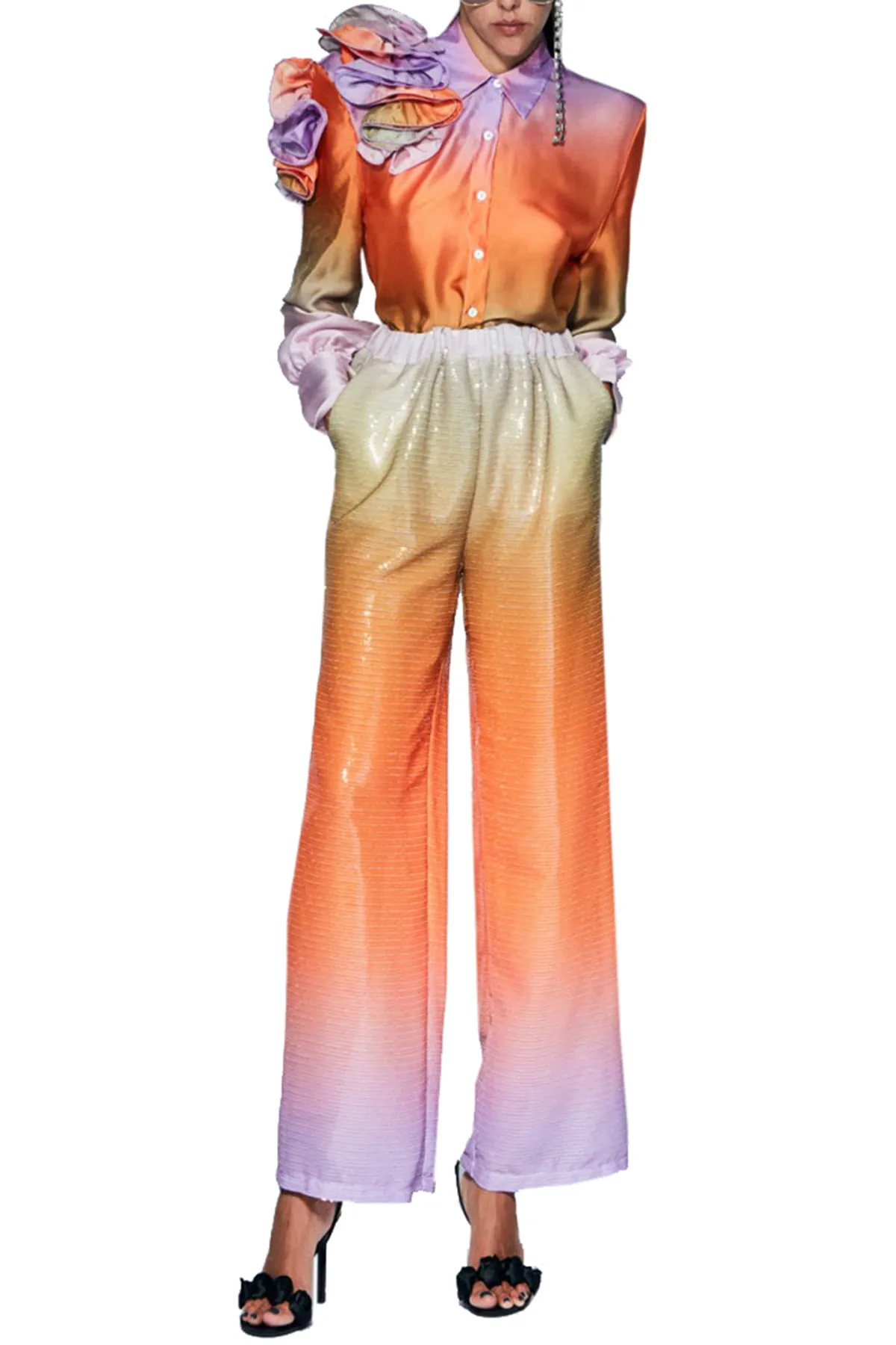 Camicia donna in satin tie dye maniche palloncino con grande rouche su spalla e manica