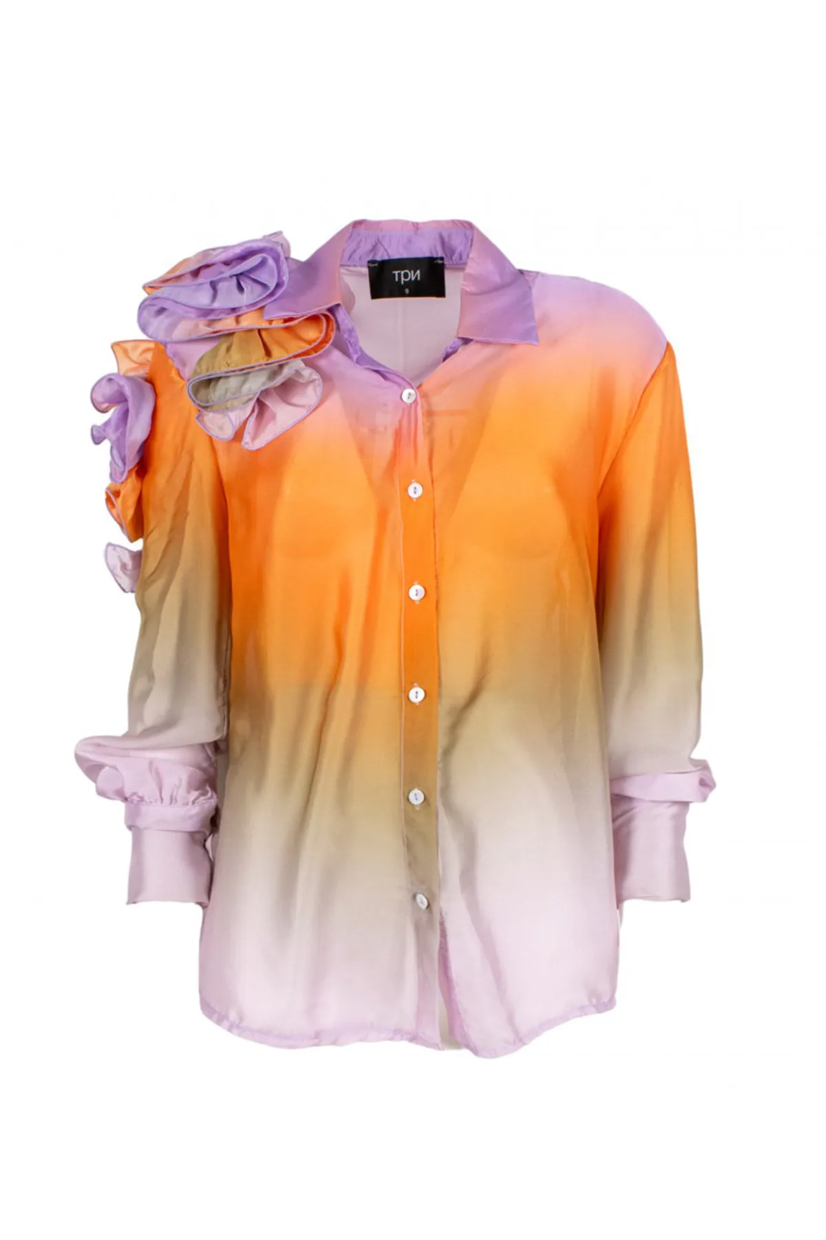 Camicia donna in satin tie dye maniche palloncino con grande rouche su spalla e manica