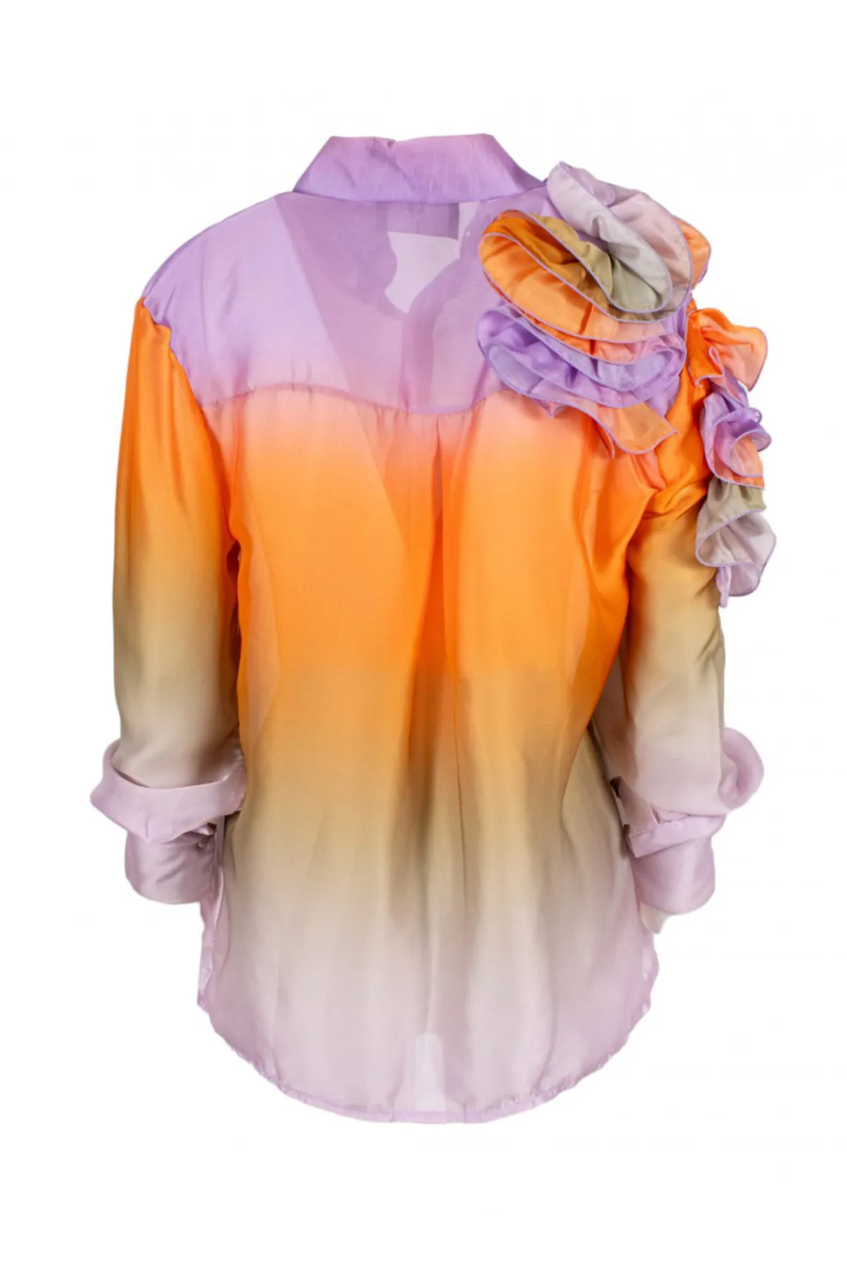 Camicia donna in satin tie dye maniche palloncino con grande rouche su spalla e manica