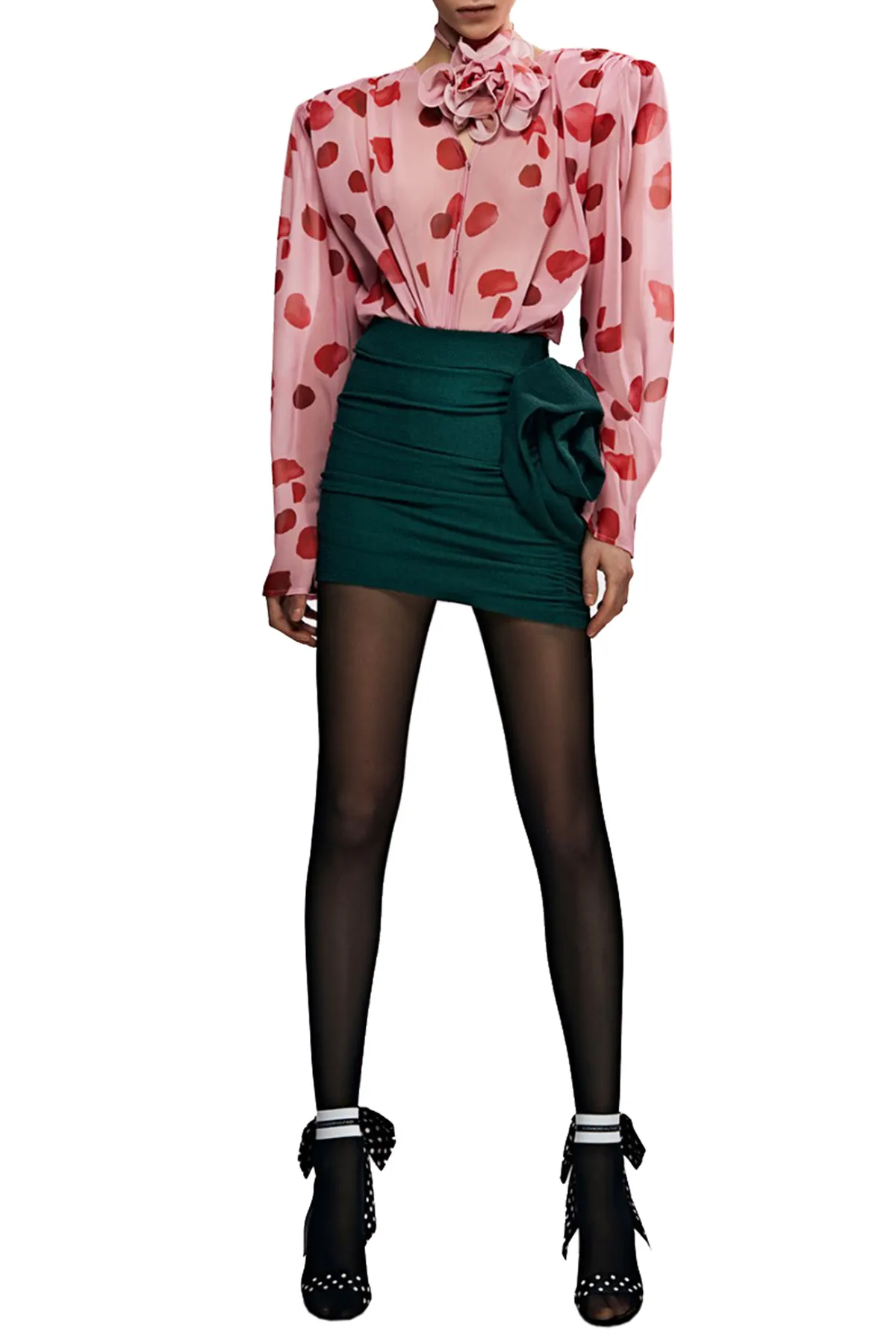 Camicia donna lunga in chiffon fantasia petali rosa rossa dettaglio al collo rosa grande