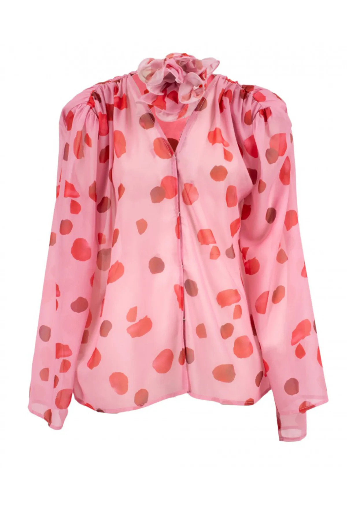 Camicia donna lunga in chiffon fantasia petali rosa rossa dettaglio al collo rosa grande