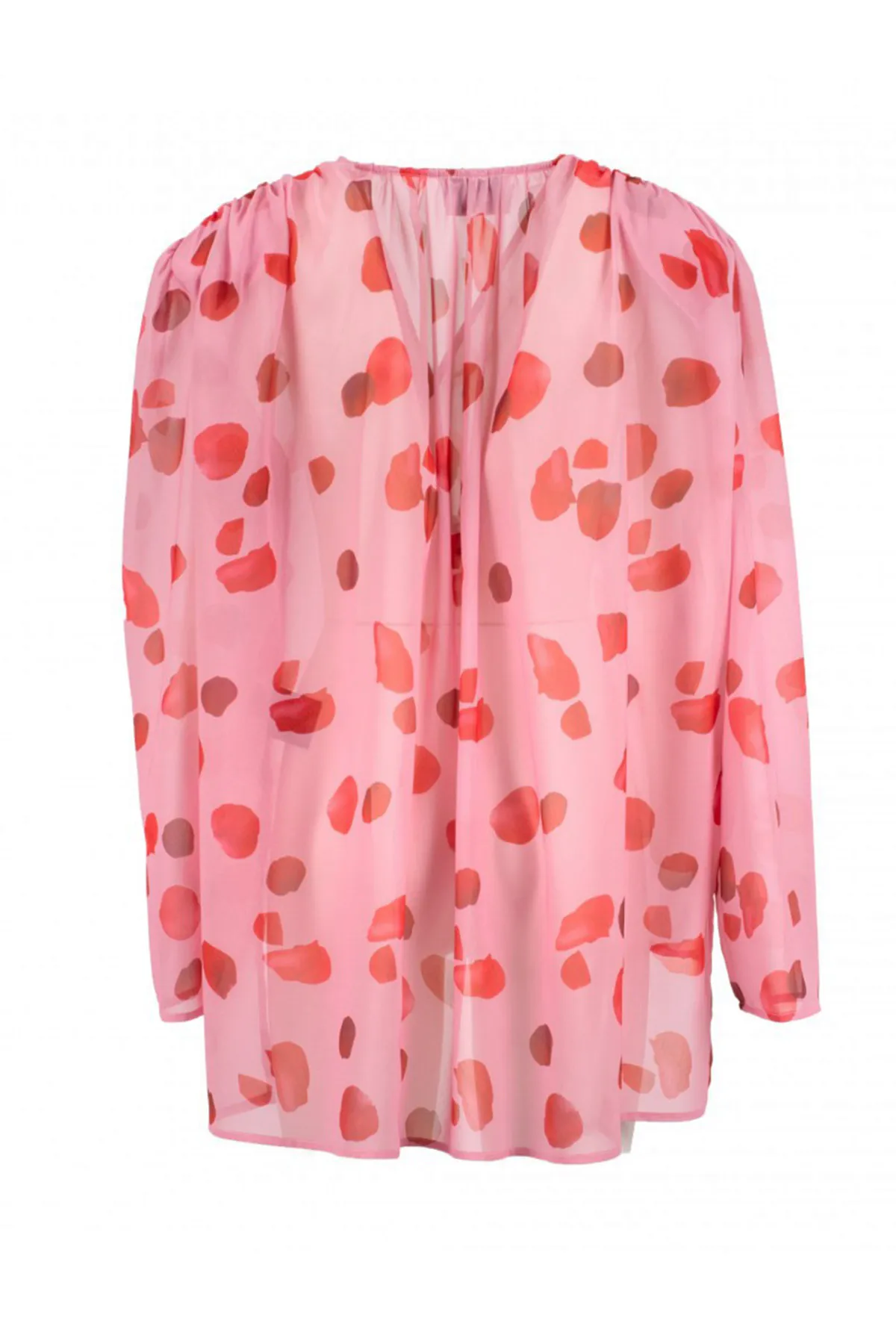 Camicia donna lunga in chiffon fantasia petali rosa rossa dettaglio al collo rosa grande