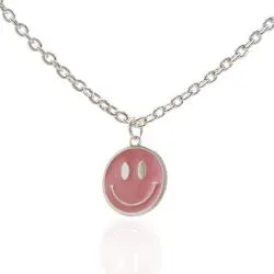Collana rolo' in acciaio anallergico cm 43 con ciondolo smile mm 21 smaltato rosa-personalizzabile-