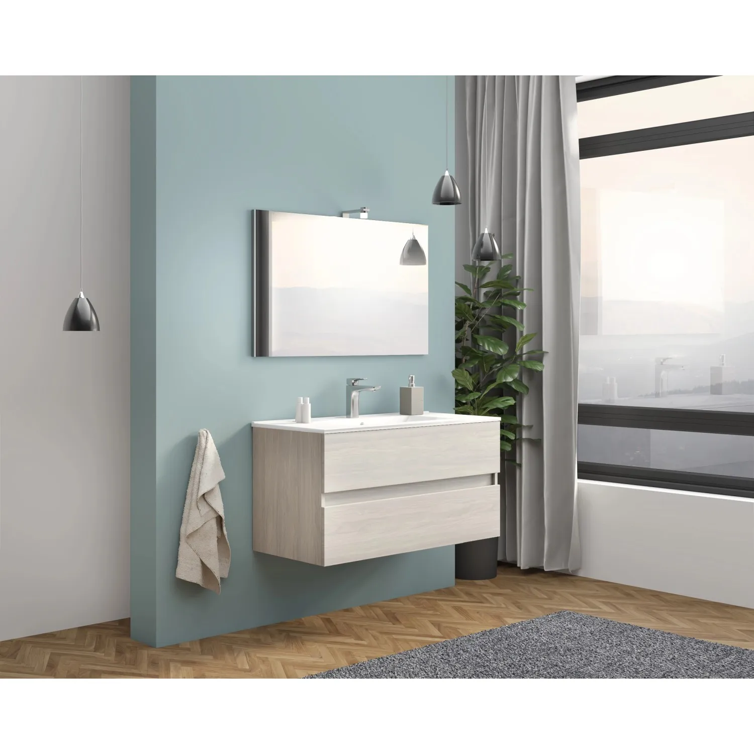 Composizione Easy con lavabo in rovere grigio