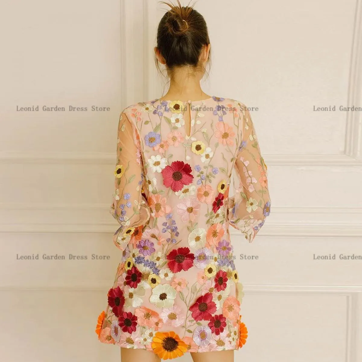 Fiori Abiti da ballo 2023 Gioiello Collo Maniche a 3/4 Abito da festa Sopra il ginocchio Abiti da sera illusione Tulle A Line Ph