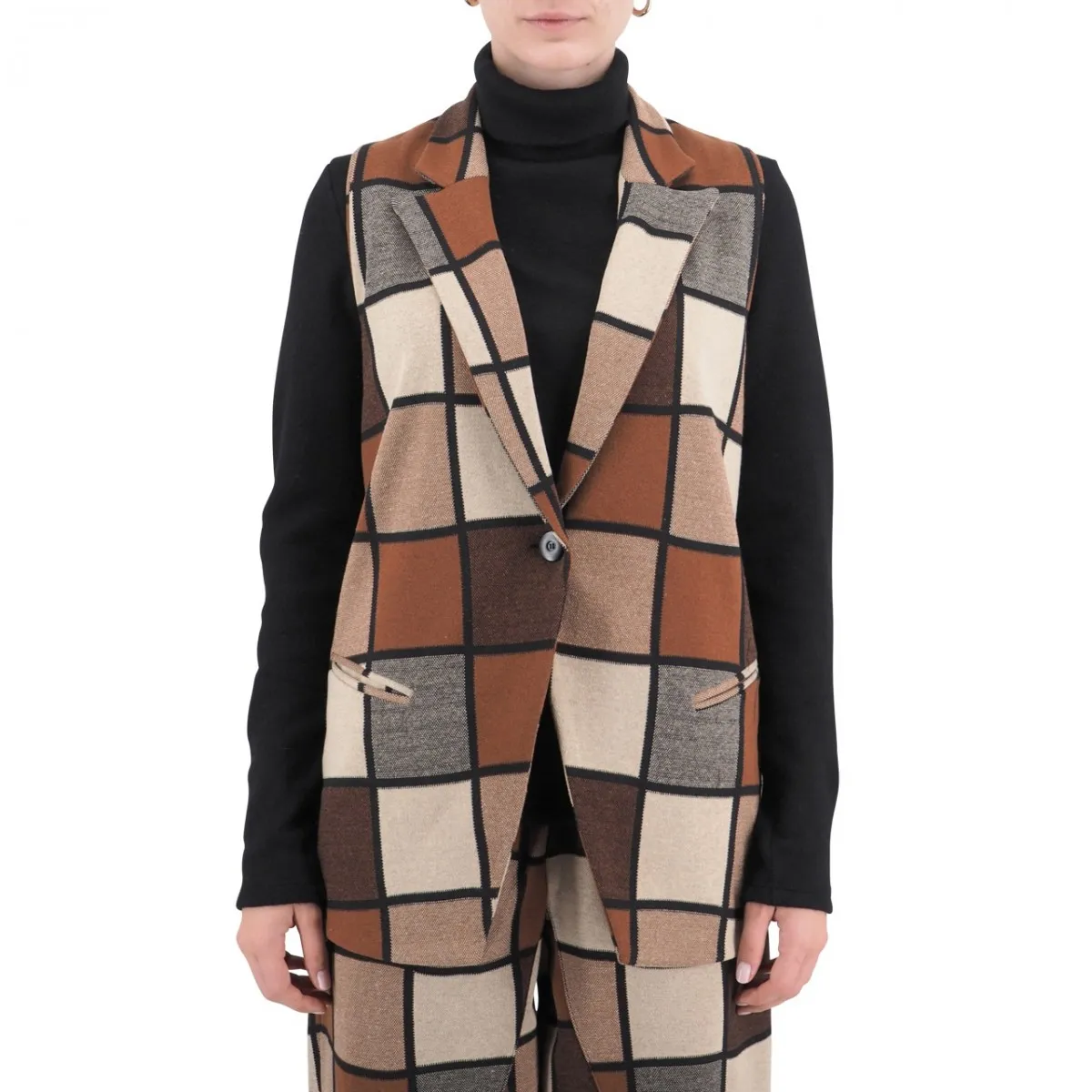 Gilet a Quadri Beige Marrone