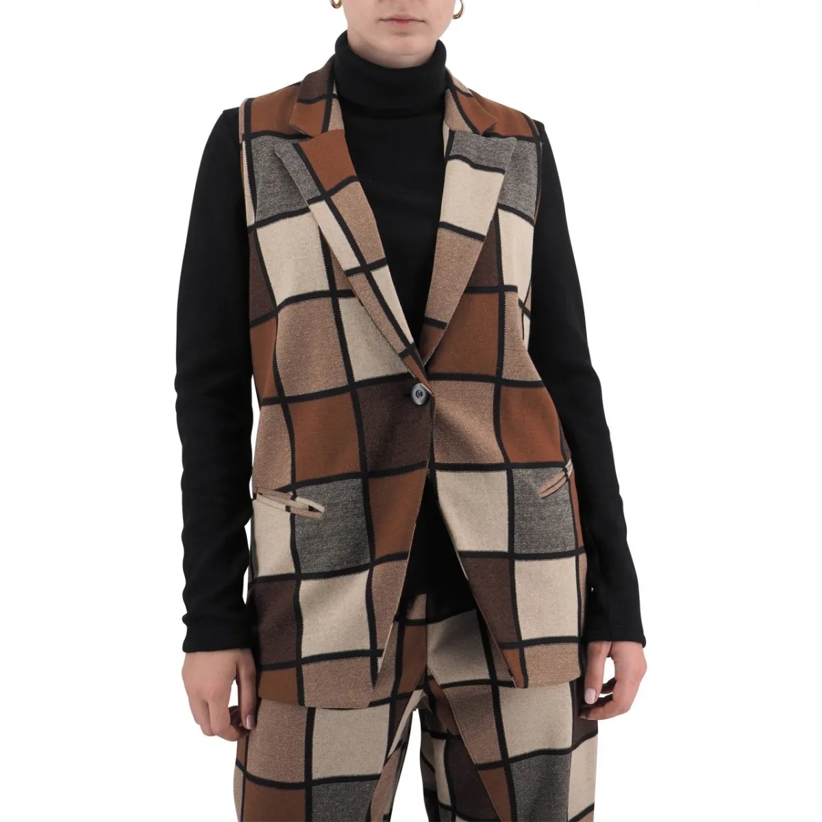 Gilet a Quadri Beige Marrone