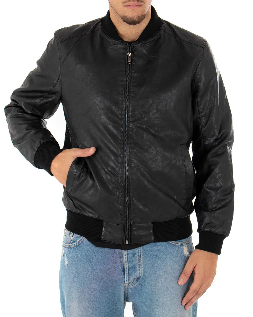 Giubbotto Uomo College Ecopelle Tinta Unita Nero Manica Lunga GIOSAL-G2603A
