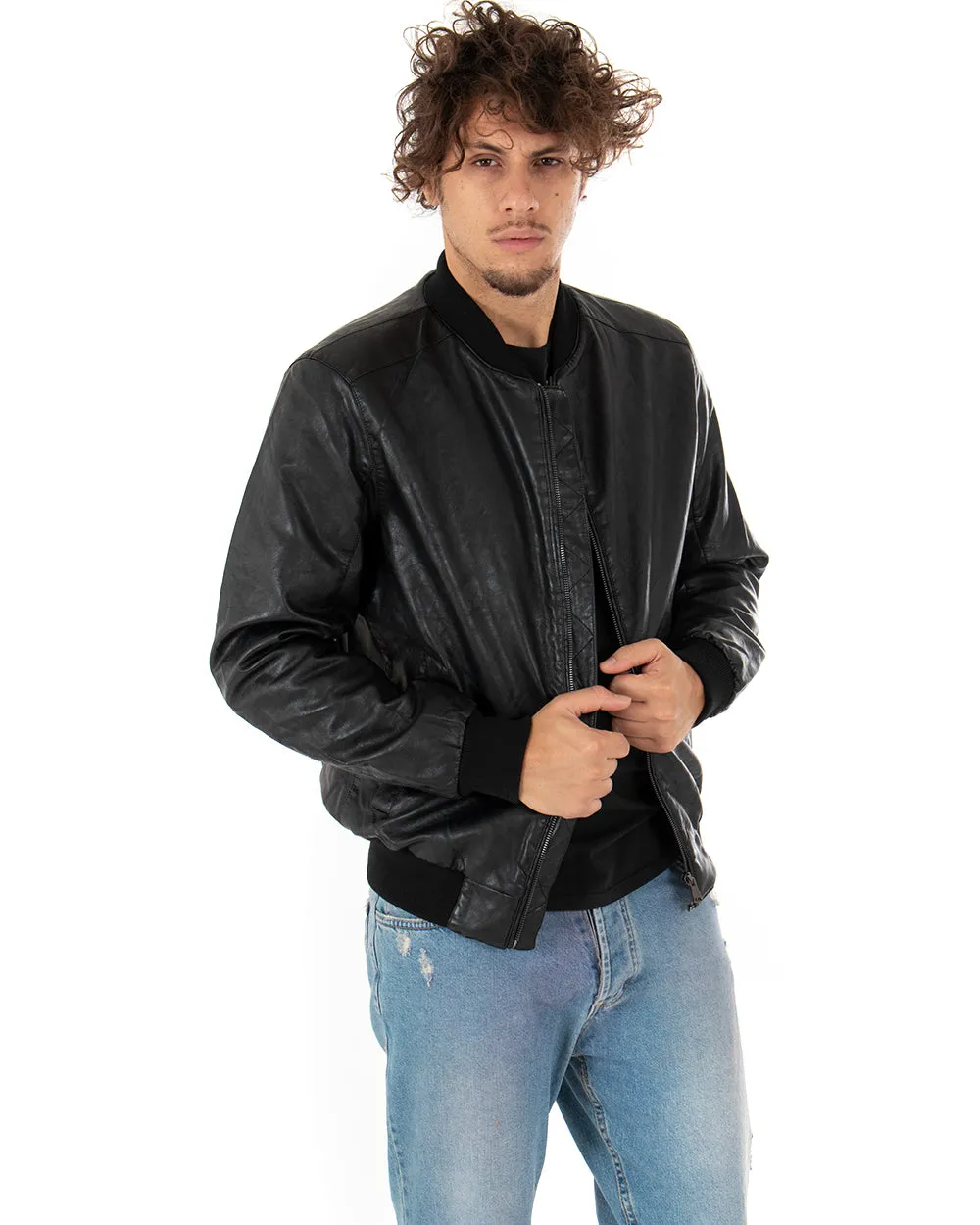 Giubbotto Uomo College Ecopelle Tinta Unita Nero Manica Lunga GIOSAL-G2603A