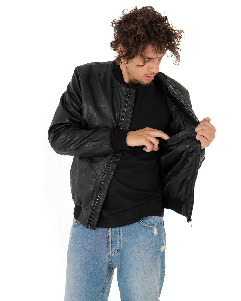 Giubbotto Uomo College Ecopelle Tinta Unita Nero Manica Lunga GIOSAL-G2603A