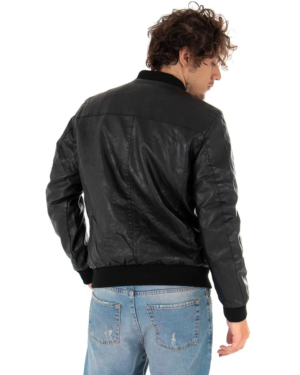 Giubbotto Uomo College Ecopelle Tinta Unita Nero Manica Lunga GIOSAL-G2603A