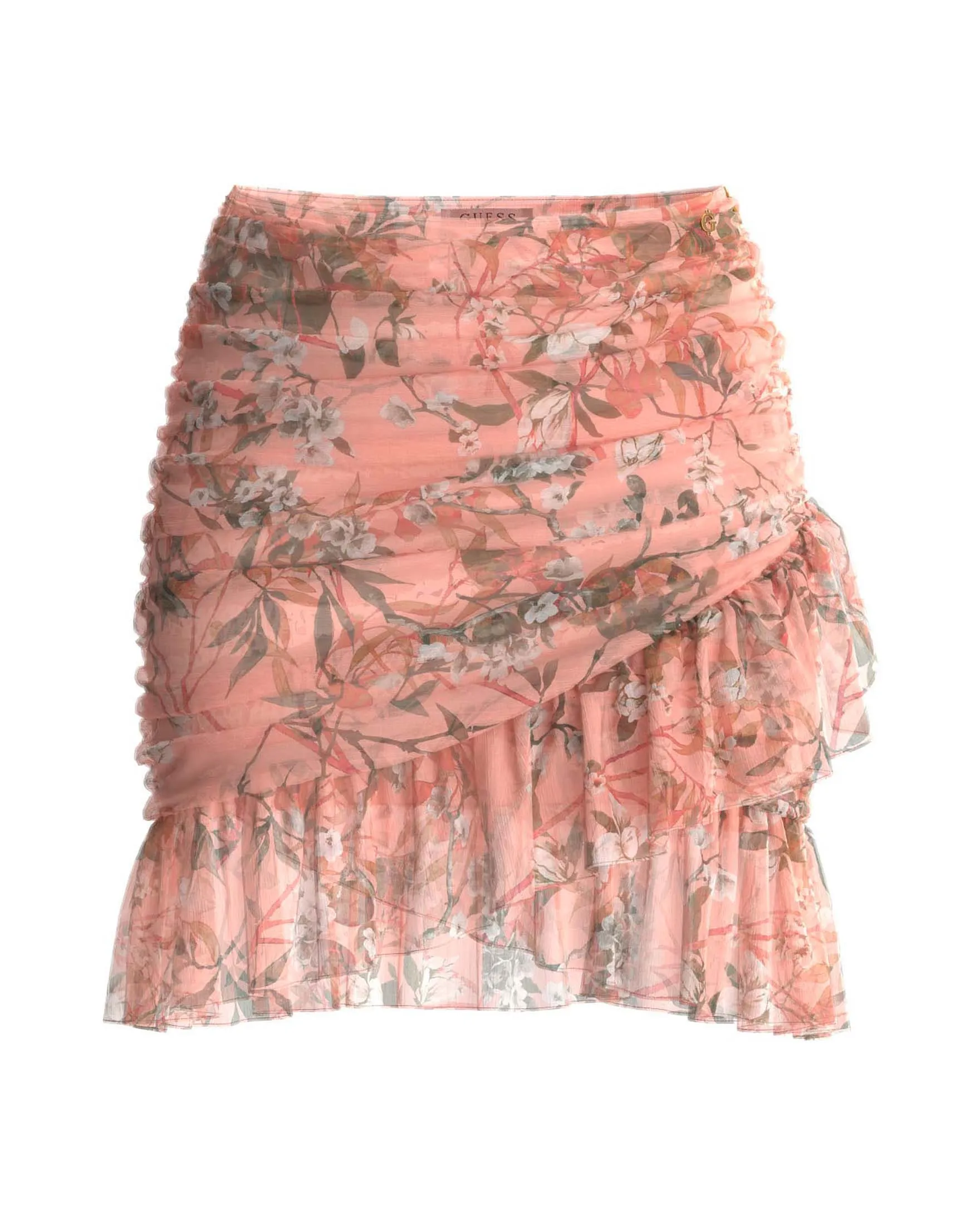 Gonna corta rosa in chiffon a fantasia floreale con drappeggi ai fianchi e balze diagonali al fondo