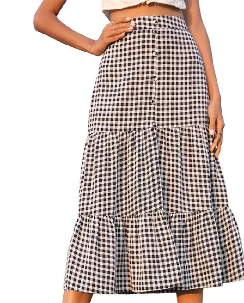 Gonne a mezza lunghezza con orlo diviso scozzese Moda donna Vita alta Decorazione con bottoni casual sopra il ginocchio Gonne gi