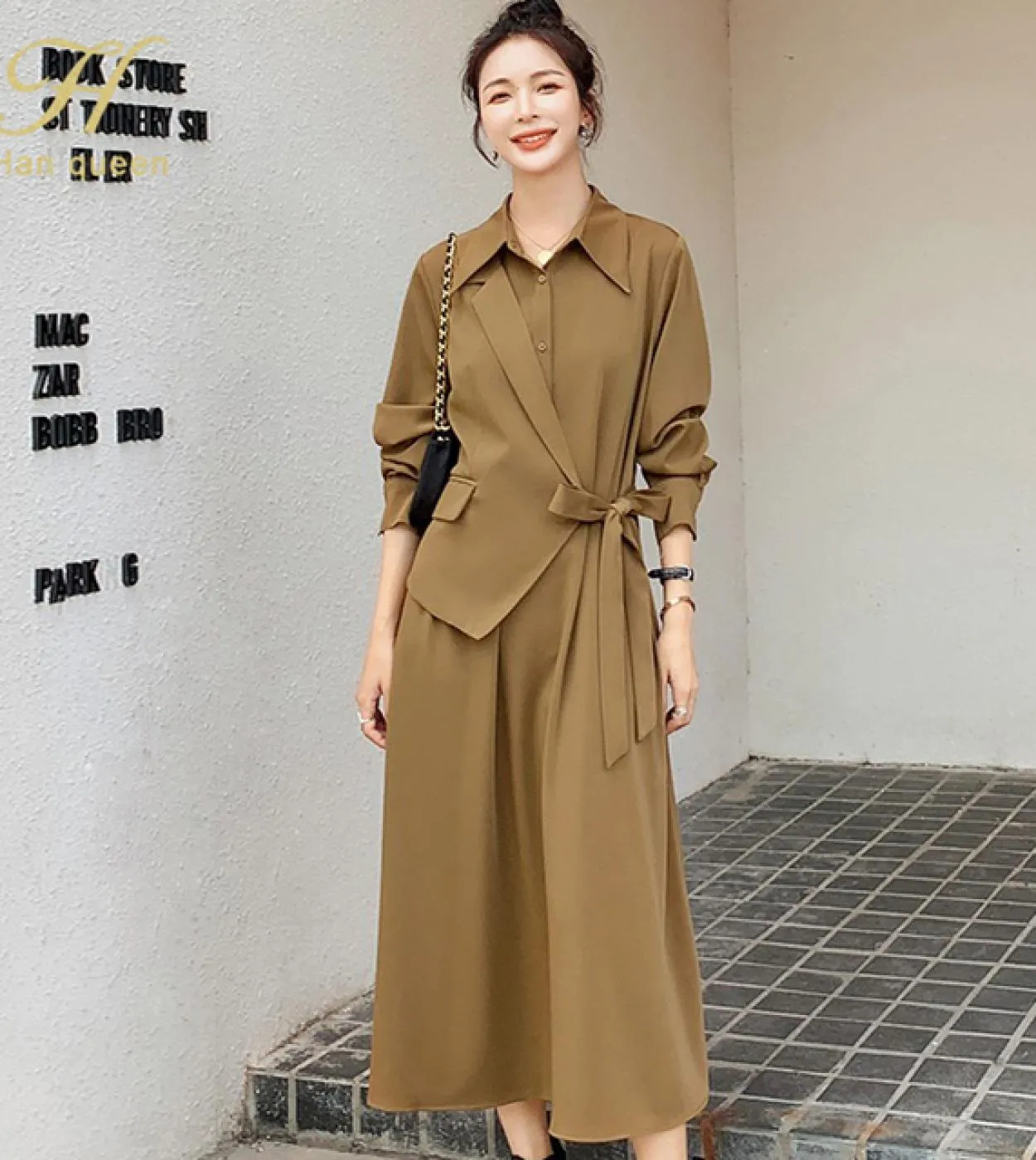 H Han Queen 2022 Abiti autunnali Retro Suit Design Vestidos Moda elegante Lace Up Slim A Line Party Casual Office Dres