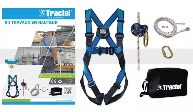 Kit anticaduta Tractel contenente Il kit include una cintura di sicurezza HT22, un dispositivo di arresto cadute