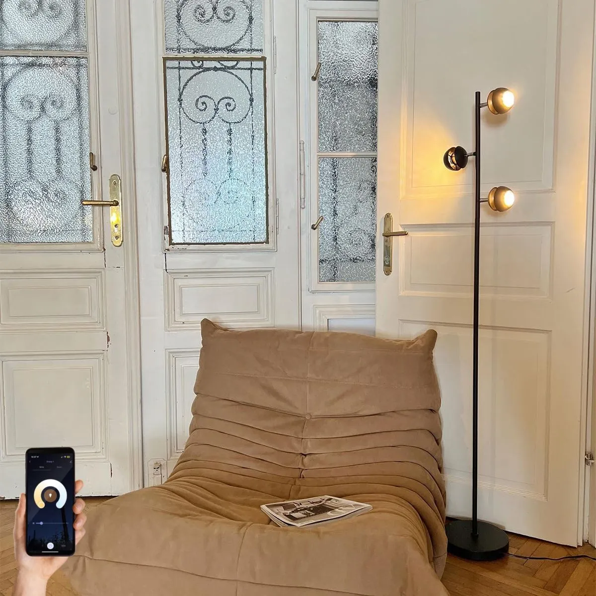 Lampada da terra intelligente nera con interno dorato con 3 WiFi GU10 - Buell