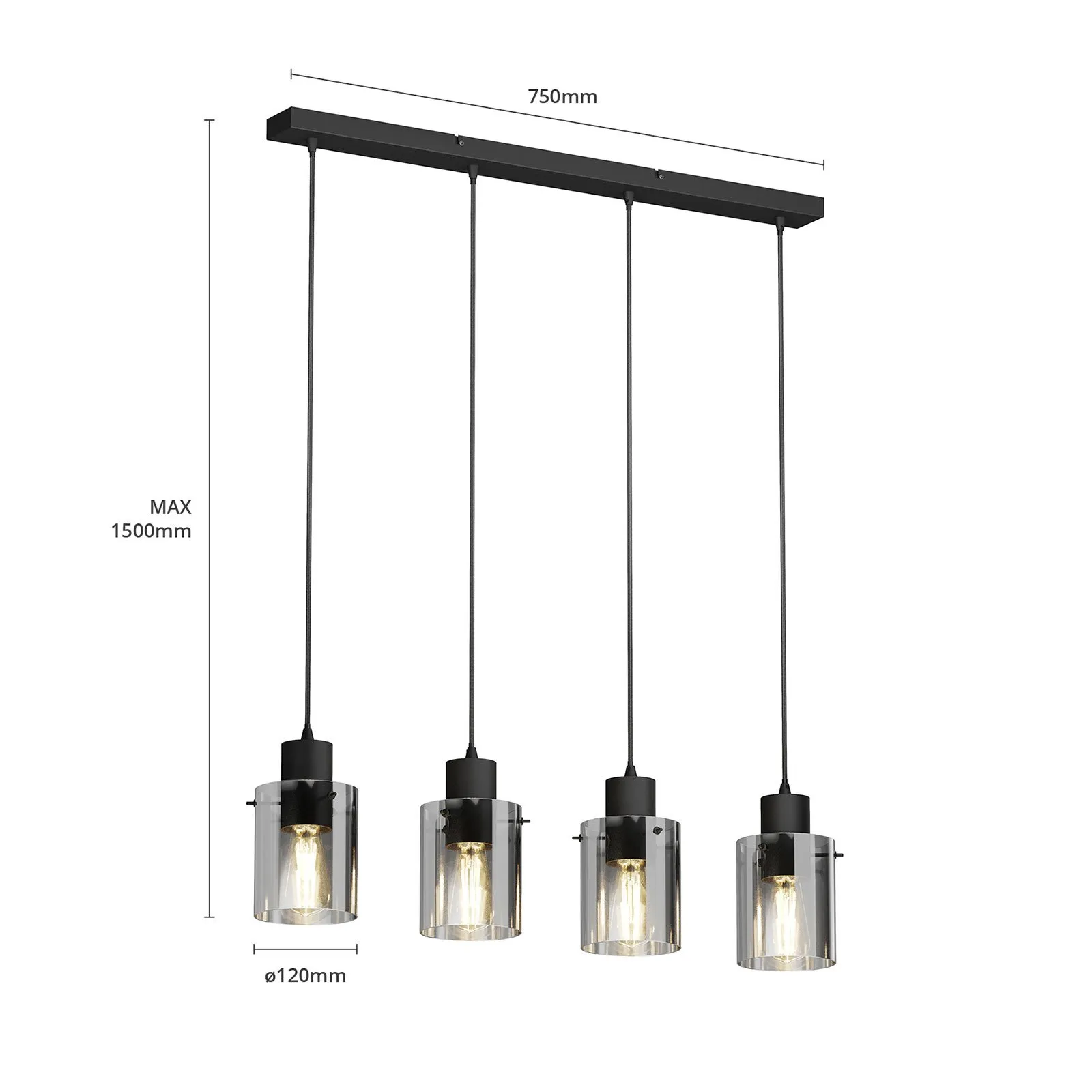 Lindby lampada a sospensione Kourtney, a 4 luci, nero/grigio, vetro, E27