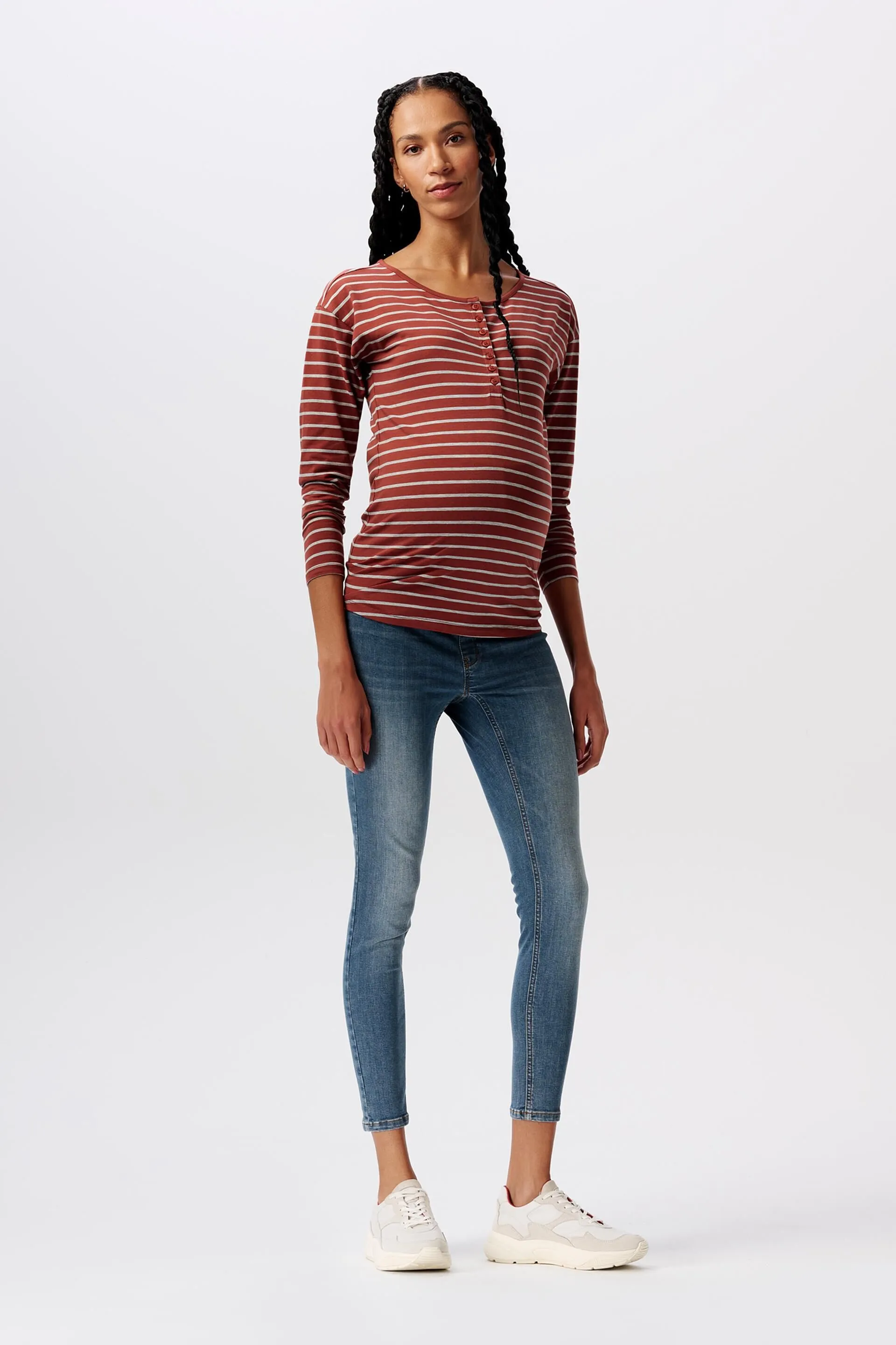 Maglia con collo a serafino a righe a manica lunga