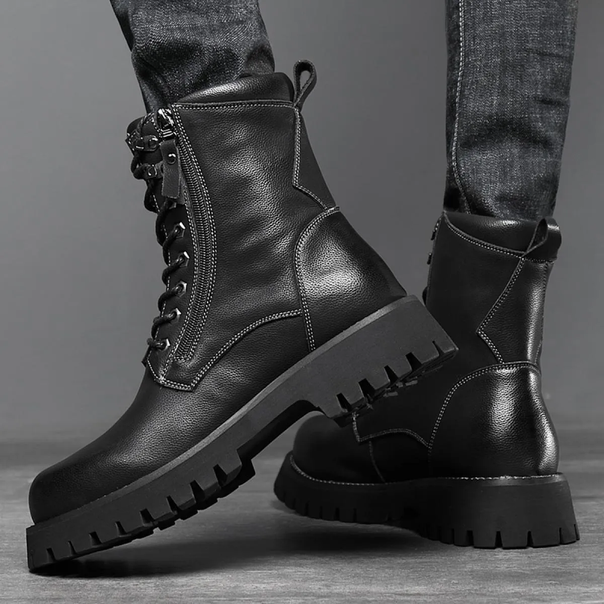 Martin Boots Stivali invernali da uomo con cerniera laterale in vera pelle, alti, stile britannico, con fondo spesso, in peluche