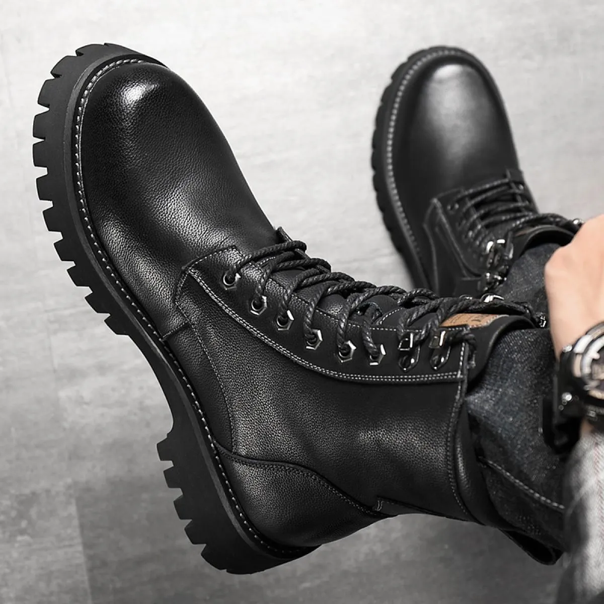 Martin Boots Stivali invernali da uomo con cerniera laterale in vera pelle, alti, stile britannico, con fondo spesso, in peluche