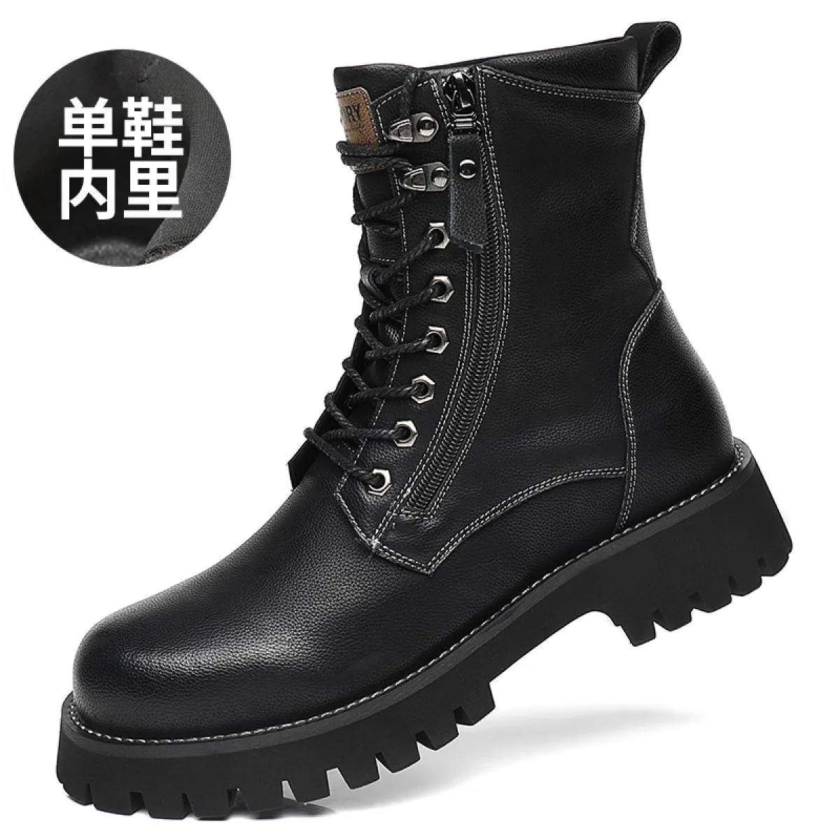 Martin Boots Stivali invernali da uomo con cerniera laterale in vera pelle, alti, stile britannico, con fondo spesso, in peluche