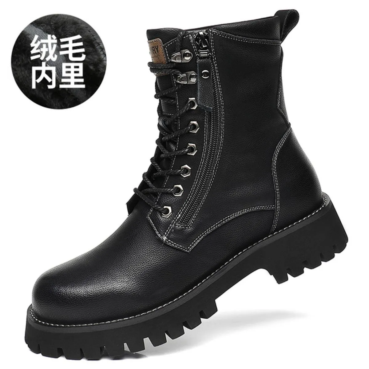Martin Boots Stivali invernali da uomo con cerniera laterale in vera pelle, alti, stile britannico, con fondo spesso, in peluche