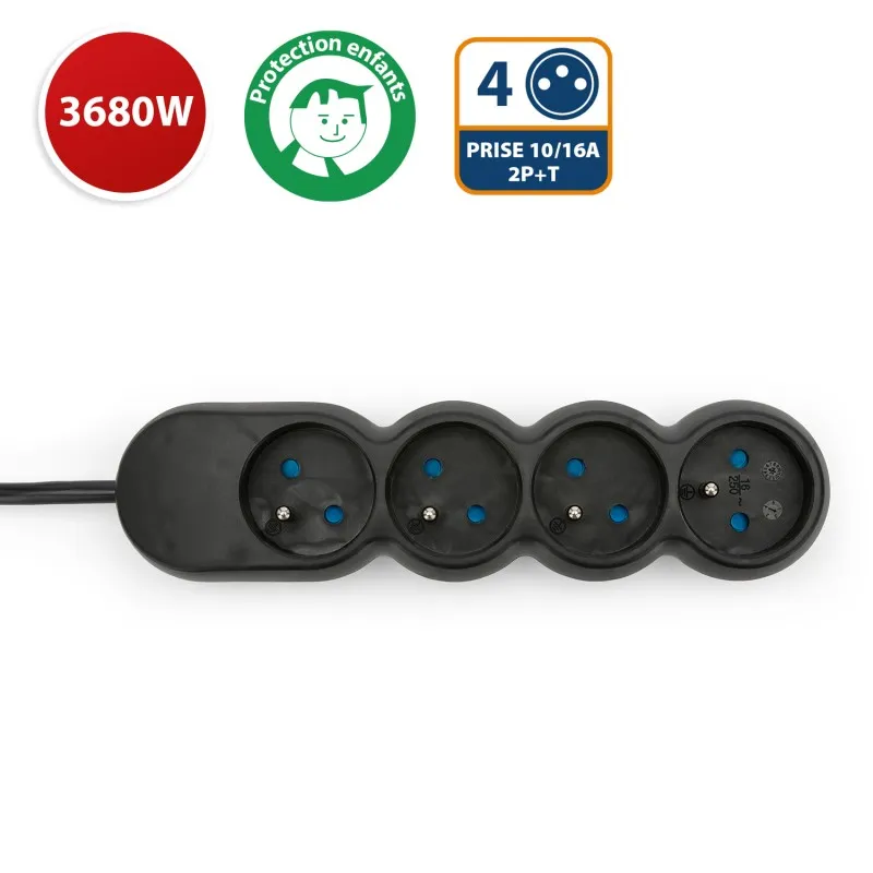 Multipresa francese 4x16A, cavo lungo 1,5m, H05VV-F3G1.0MM2, CE,  NF. Nero