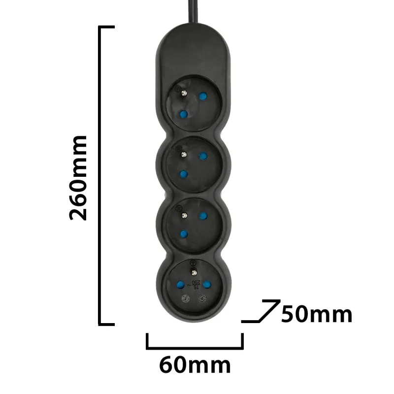 Multipresa francese 4x16A, cavo lungo 1,5m, H05VV-F3G1.0MM2, CE,  NF. Nero