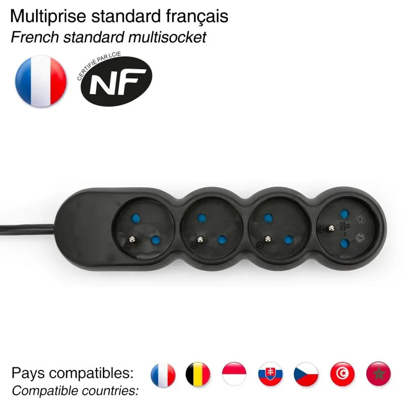 Multipresa francese 4x16A, cavo lungo 1,5m, H05VV-F3G1.0MM2, CE,  NF. Nero