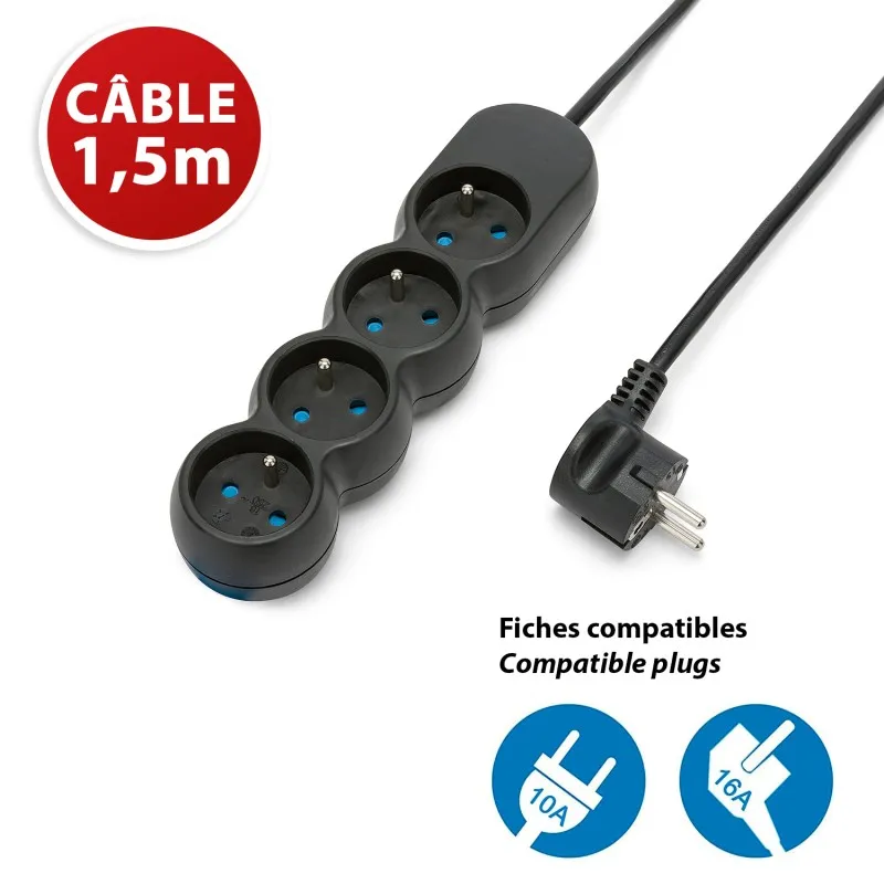 Multipresa francese 4x16A, cavo lungo 1,5m, H05VV-F3G1.0MM2, CE,  NF. Nero