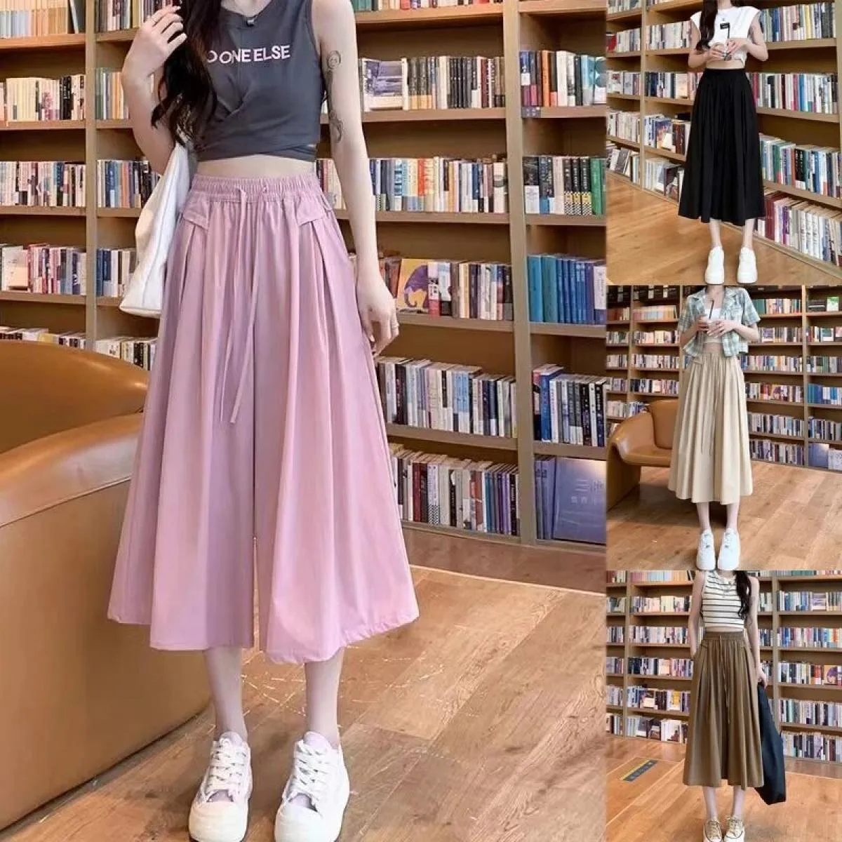 Pantaloni gonna da donna Pantaloni elasticizzati in vita di cotone Pantaloni corti a gamba larga Pantaloni casual tascabili Pant